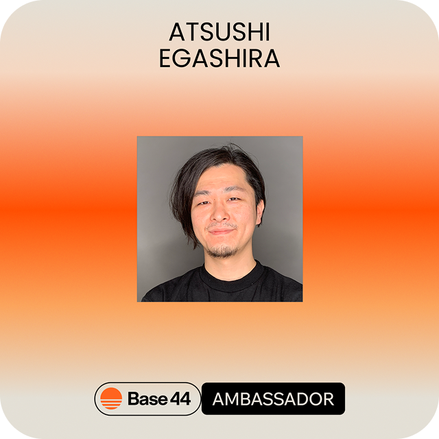 Base44 AMBASSADORバッジを付けた江頭淳（JGI代表）の写真